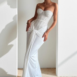 Women’s Sexy Strapless Solid Color Sash Slim Waist Slim Fit Maxi Dress