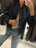 Women’s Autumn Winter Ribbed Collar and Single-Breasted Button Baseball Bomber Jacket