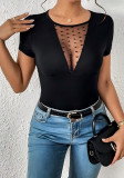 Women’s Summer Solid Color Mesh Contrast Heart Print T-Shirt