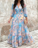 Women’s Floral Print Chiffon V-Neck Three-Quarter Sleeve Layered Ruffle Slim Waist Maxi Dress