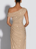 Women’s Fully Rhinestone Embellished Slash Shoulder One-Shoulder Ruched Slim Waist Bodycon Maxi Dress