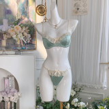Women’s Sexy Solid Satin Ruffle Trim Underwire Push-Up Bra and Thong Lingerie Set