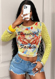 Women’s Butterfly Print Mesh Cropped Top Leopard Print Long Sleeve See-Through Slim Fit Crop T-Shirt