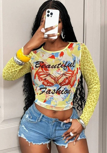 Women’s Butterfly Print Mesh Cropped Top Leopard Print Long Sleeve See-Through Slim Fit Crop T-Shirt