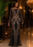 Women’s Round Neck Long Sleeve Sequin Slim Fit Party Maxi Dress