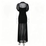 Women’s Sexy Slim Waist Fitted Patchwork Mesh Bodycon Maxi Dress
