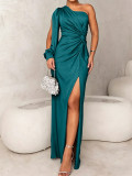 Women’s Fashion Ruched Satin Knot High Slit Formal Party Maxi Dress