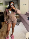 Women’s American Fashion Beaded Cropped Zip-Up Hooded Top and Loose Casual Shorts Two-Piece Set