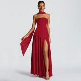 Women’s Summer Sexy Strapless Slit Low Back Sash Solid Color Slim Fit Maxi Dress