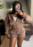 Women’s American Fashion Beaded Cropped Zip-Up Hooded Top and Loose Casual Shorts Two-Piece Set