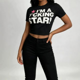 Women’s Summer Round Neck Printed Slim Fit Tight Fitting Short Sleeve Crop T-Shirt