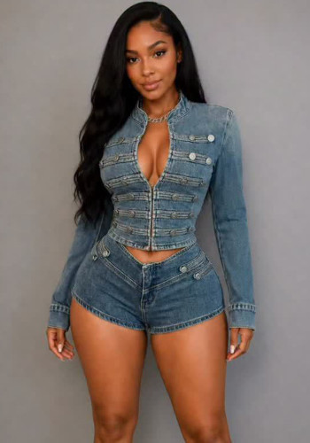 Women’s Stretch Denim Long Sleeve Top and Shorts Two-Piece Set