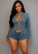 Women’s Stretch Denim Long Sleeve Top and Shorts Two-Piece Set