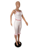 Women’s Sexy Fashion Striped Print Sleeveless Ruffle Top and Capri Pants Two-Piece Set