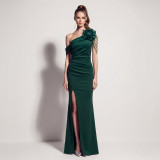 Women’s Formal Party One Shoulder Satin Beaded Floral High Slit Maxi Dress