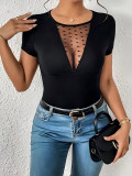 Women’s Summer Solid Color Mesh Contrast Heart Print T-Shirt