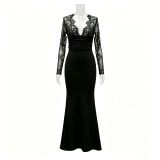 Women’s Autumn Chic Sexy Lace Patchwork Deep V-Neck Slim Fit Bodycon Dress