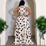 Women’s Chic African Fashion Sleeveless Halter Neck Polka Dot Cropped Top and Tiered Maxi Skirt Two-Piece Set