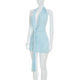 Women’s Summer Sexy Halter Neck Deep V Low Back Sash Slim Fit Mini Dress