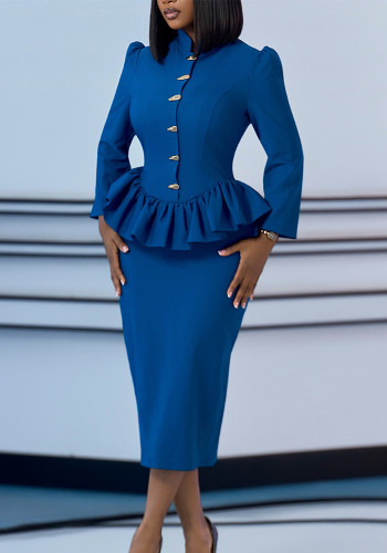 Women’s Chic Career Slim Waist Stand Collar Ruffle Long Sleeve Top and Bodycon Skirt Two-Piece Set