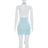Women’s Summer Sexy Halter Neck Deep V Low Back Sash Slim Fit Mini Dress