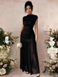 Women’s Sexy Slim Waist Fitted Patchwork Mesh Bodycon Maxi Dress