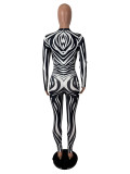 Women’s Sexy Fashion Black and White Zebra Print Long Sleeve Jumpsuit