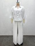Women’s Plus Size African Casual Loose Three-Quarter Sleeve Turndown Collar Button-Up White Shirt and Pants Two-Piece Set