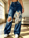 Women’s High Waist Washed Printed Ripped Baggy Denim Pants