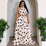 Women’s Chic African Fashion Sleeveless Halter Neck Polka Dot Cropped Top and Tiered Maxi Skirt Two-Piece Set