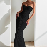 Women’s Sexy Strapless Solid Color Sash Slim Waist Slim Fit Maxi Dress