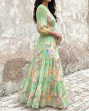 Women’s Floral Print Chiffon V-Neck Three-Quarter Sleeve Layered Ruffle Slim Waist Maxi Dress