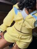 Women’s American Fashion Beaded Cropped Zip-Up Hooded Top and Loose Casual Shorts Two-Piece Set
