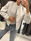Women’s Autumn Winter Ribbed Collar and Single-Breasted Button Baseball Bomber Jacket