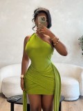 Women’s Chic Sexy One-Shoulder Bodycon Mini Dress with Long Sash