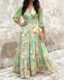 Women’s Floral Print Chiffon V-Neck Three-Quarter Sleeve Layered Ruffle Slim Waist Maxi Dress