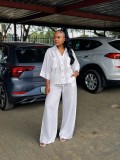 Women’s Plus Size African Casual Loose Three-Quarter Sleeve Turndown Collar Button-Up White Shirt and Pants Two-Piece Set