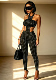 Women’s Sexy Polka Dot Print Strapless Halter Neck Tight Slim Jumpsuit