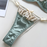 Women’s Sexy Solid Satin Ruffle Trim Underwire Push-Up Bra and Thong Lingerie Set