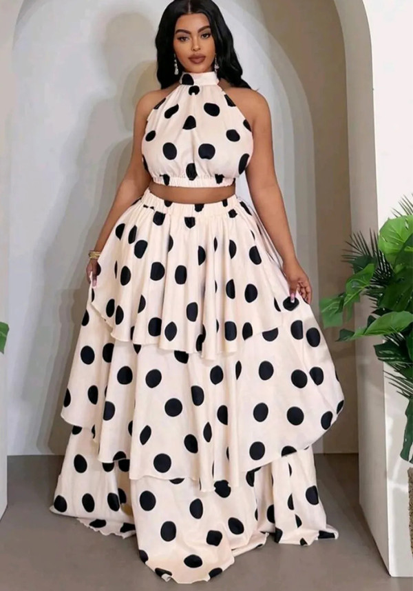 Women’s Chic African Fashion Sleeveless Halter Neck Polka Dot Cropped Top and Tiered Maxi Skirt Two-Piece Set