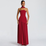 Women’s Summer Sexy Strapless Slit Low Back Sash Solid Color Slim Fit Maxi Dress