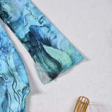 Women’s Tie-Dye Print Stretch Stand Collar Flared Sleeve Long Sleeve Slit Bodycon Dress