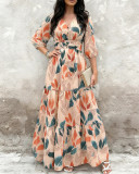 Women’s Floral Print Chiffon V-Neck Three-Quarter Sleeve Layered Ruffle Slim Waist Maxi Dress
