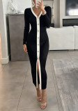 Women’s Chic Long Sleeve V-Neck Patchwork Colorblock Knitted Slim Fit Bodycon Midi Dress