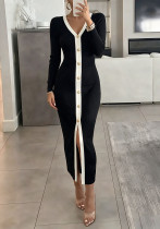 Women’s Chic Long Sleeve V-Neck Patchwork Colorblock Knitted Slim Fit Bodycon Midi Dress Women’s Chic Long Sleeve V-Neck Patchwork Colorblock Knitted Slim Fit Bodycon Midi Dress