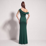 Women’s Formal Party One Shoulder Satin Beaded Floral High Slit Maxi Dress