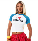 Women’s Letter Print Colorblock Raglan Sleeve Slim Fit Crop T-Shirt