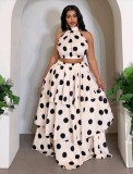 Women’s Chic African Fashion Sleeveless Halter Neck Polka Dot Cropped Top and Tiered Maxi Skirt Two-Piece Set