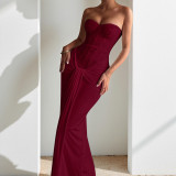 Women’s Sexy Strapless Solid Color Sash Slim Waist Slim Fit Maxi Dress