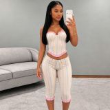 Women’s Sexy Fashion Striped Print Sleeveless Ruffle Top and Capri Pants Two-Piece Set